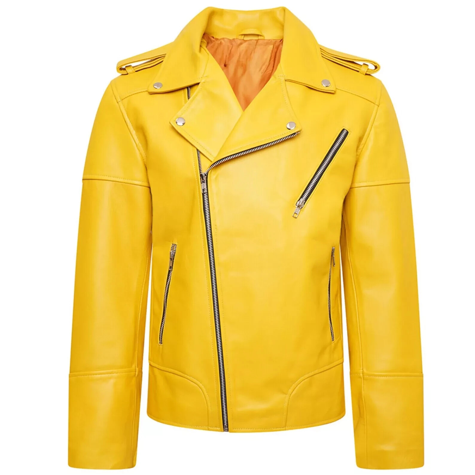 Men's Black Real Leather Moto Jacket Genuine Lambskin Casual Yellow Biker Jacket