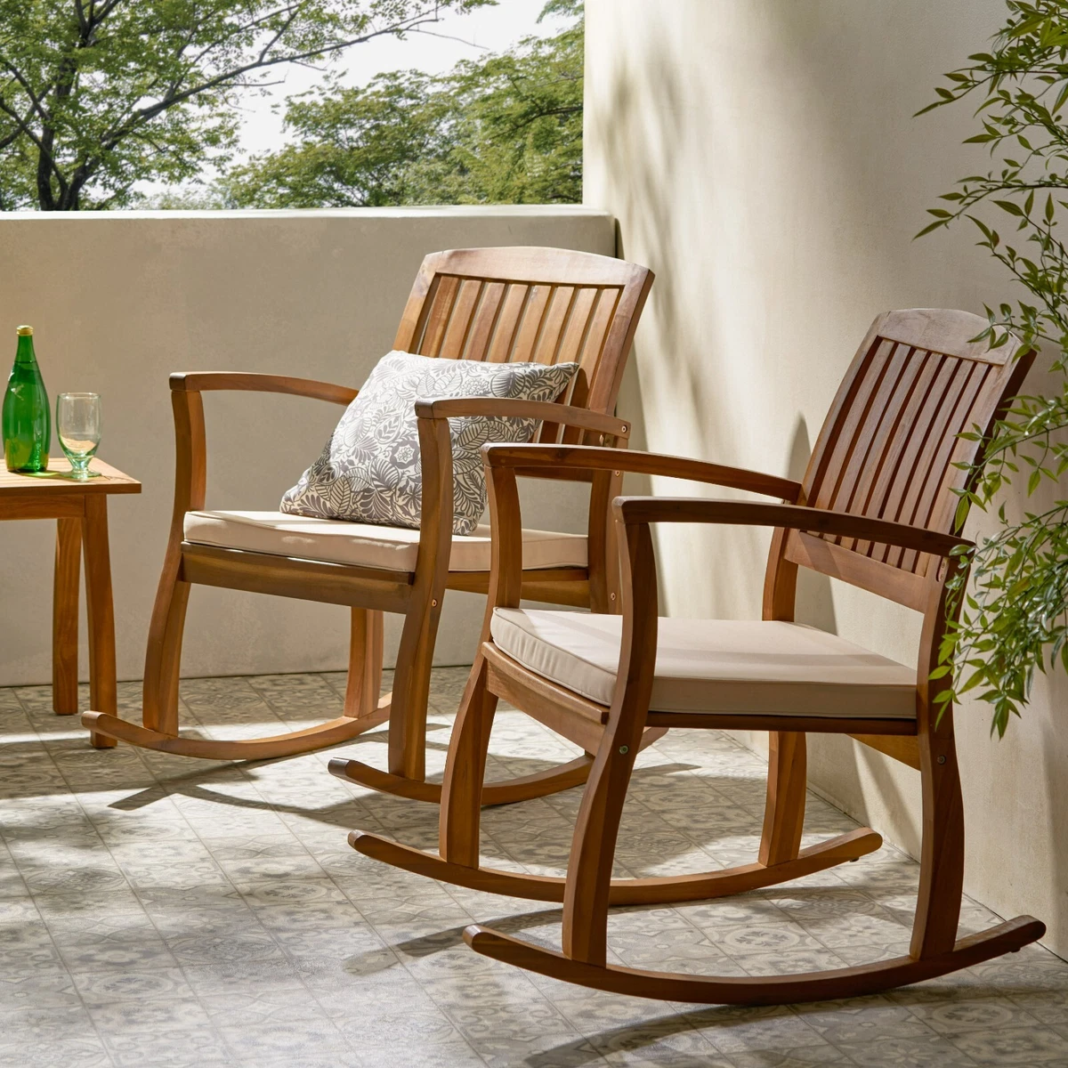 Sadie Outdoor Acacia Wood Rocking Chairs with Cushion Set of 2