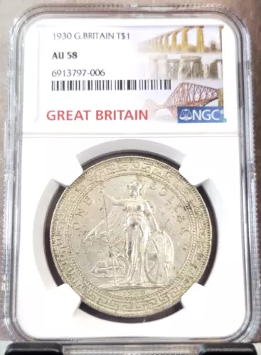 1930 GREAT BRITAIN SILVER TRADE DOLLAR T$1 BRITANNIA NGC AU 58 GREAT COIN