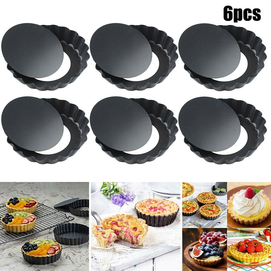 6x Flan Tin Tart Pie Pan Fluted Cake Baking Tray Non Stick Loose