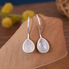 Teardrop Rainbow Moonstone Silver Ear wire Earrings Minimalist Delicate Jewelry