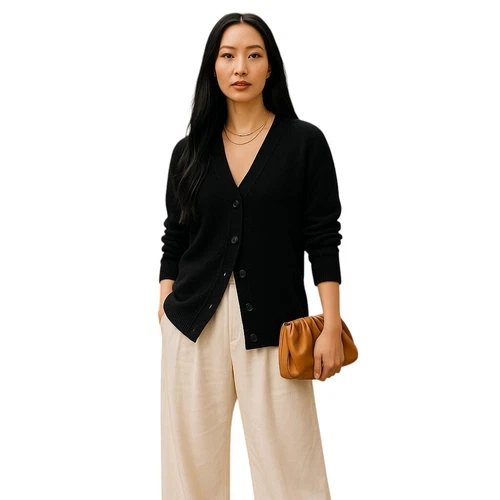 C by Bloomingdale's Women's Sweater Black 100% 2-Ply Cashmere V-Neck Cardigan