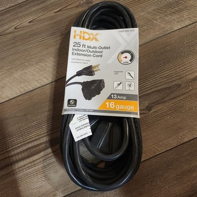 HDX 25 ft. 16/3 Light Duty Extension Cord Multiple Outlet Triple Tap End, Black