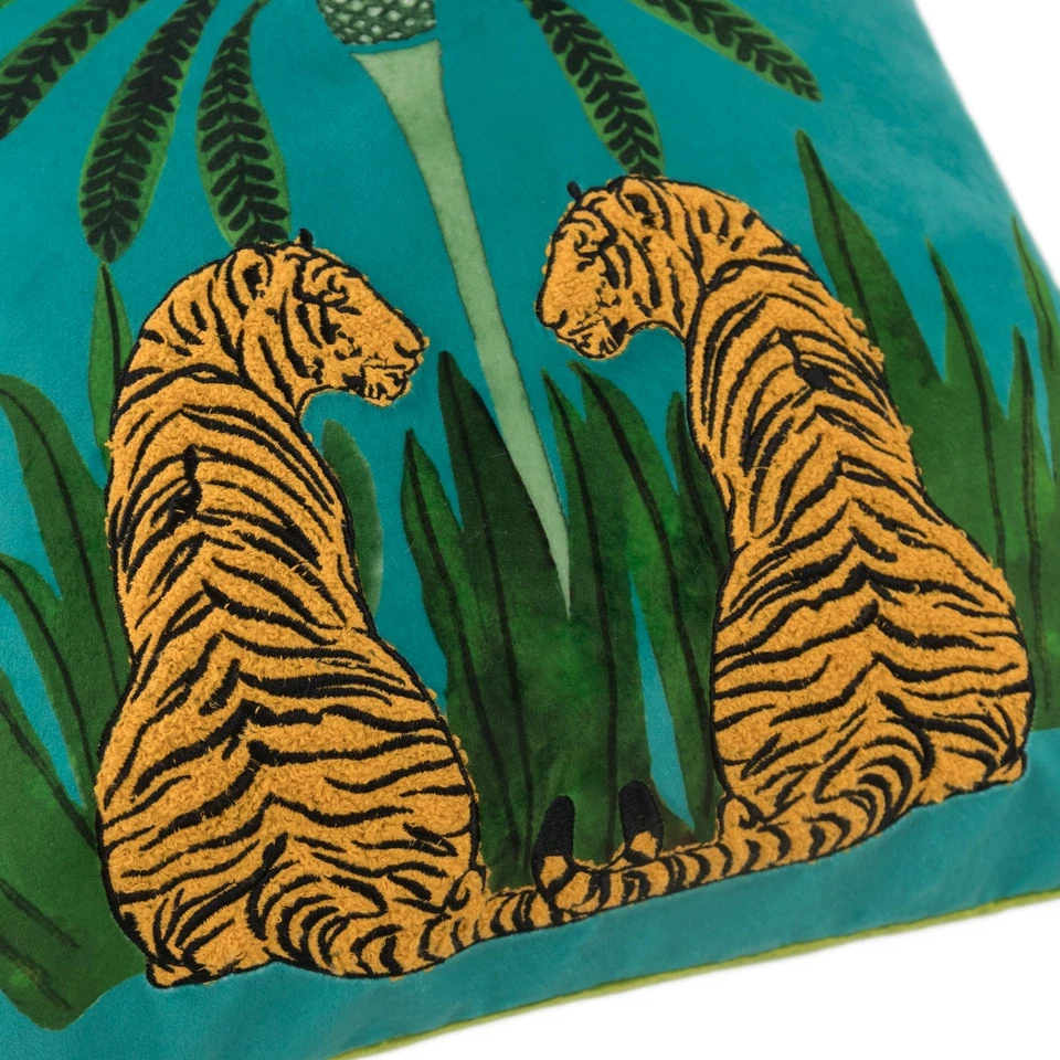 Decorative Tiger Embroidered Design Throw Pillow Cover Tropical Palm Pillowca... - Image 4 of 4
