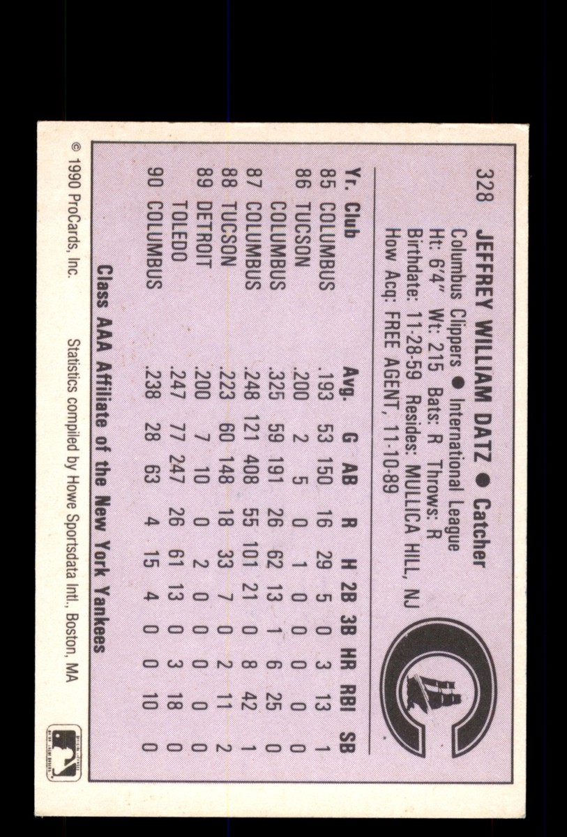 Signed Baseball Card Auto Jeff Datz 1990 ProCards AAA #328