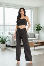 WOMEN'S SLEEVELESS CROP TOP BUTTON CLOSURE PANTS BELTED SOLID 2PC. SET