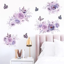 Flowers Wall Stickers Watercolor Purple Peony Nature Plant Vinyl Removable Peel