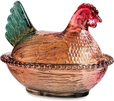 Vintage Glass Hen on Nest Dish with Lid - Large Pedestal Rooster Glass Candy Bow