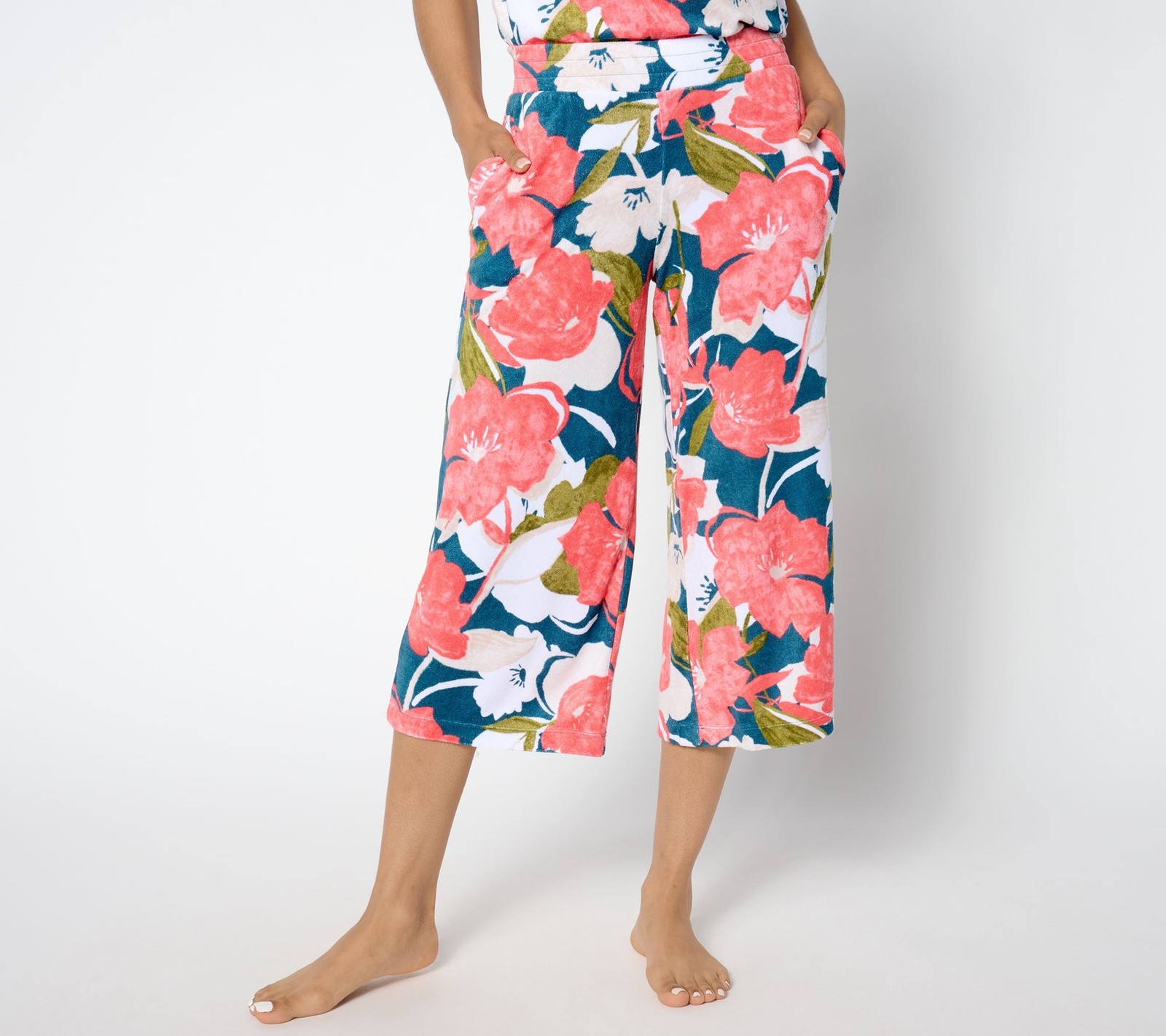 Cuddl Duds Women's Pants Sz M Baby Loop Terry Cropped Pant Blue A637440