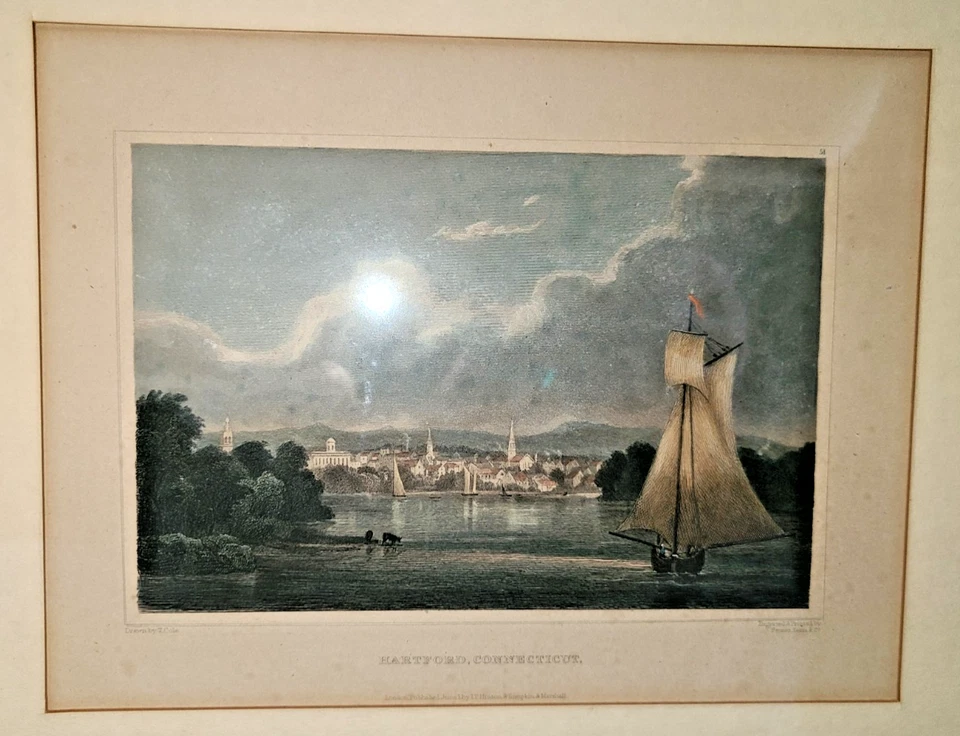 Antique framed Thomas Cole engraving, Hartford - Hinton Simpkin Marshall ca 1830