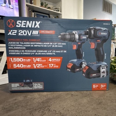 Senix 20V Brushless 1/2 '' Drill/Driver &1/4''Impact Driver Combo Kit, 2 Batteries