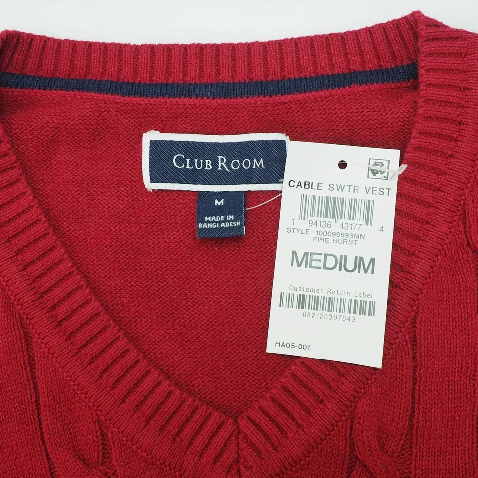 Nuevo Chaleco Suéter Club Room Para Hombres Mediano Rojo Algodón Cuello en V Tejido con Cable Pullover Foto 3 de 3