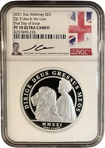 HUGE 2 oz Alderney 2021 Queen Elizabeth Una Lion PROOF Silver Signed £5 NGC PF70 - Picture 2 of 5