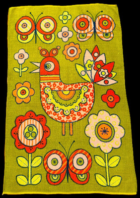 NOS 60s Linen Tea Towel MOD BIRD FLOWERS BUTTERFLIES