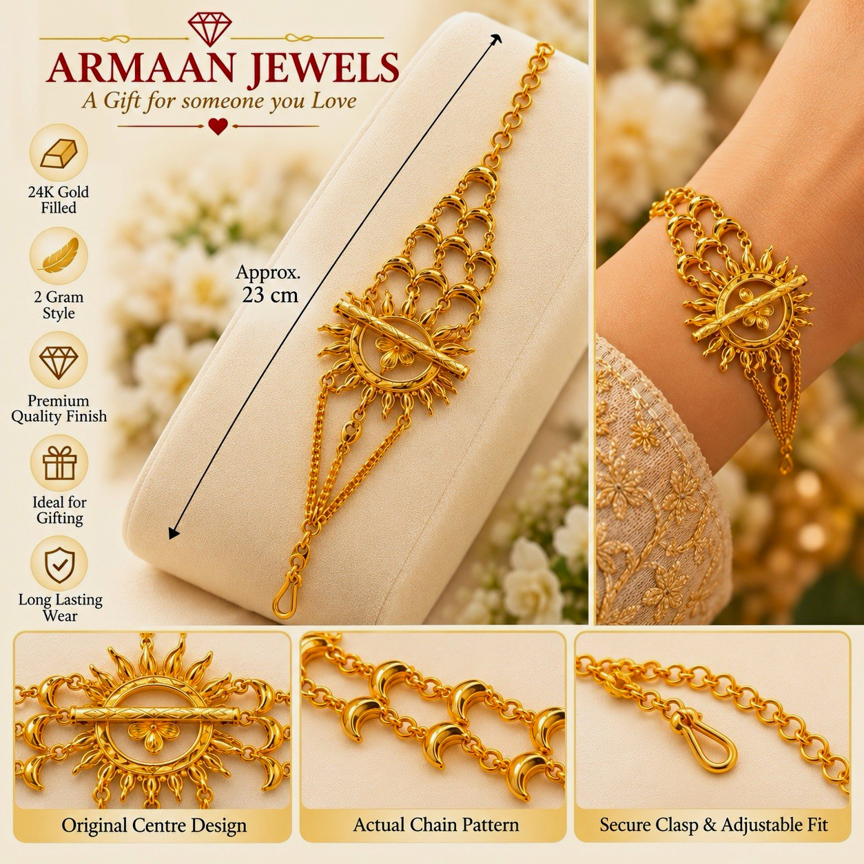 Armaan Jewels 24K Gold Filled Adjustable Chain Charm Bracelet Sun 23cm Lobster