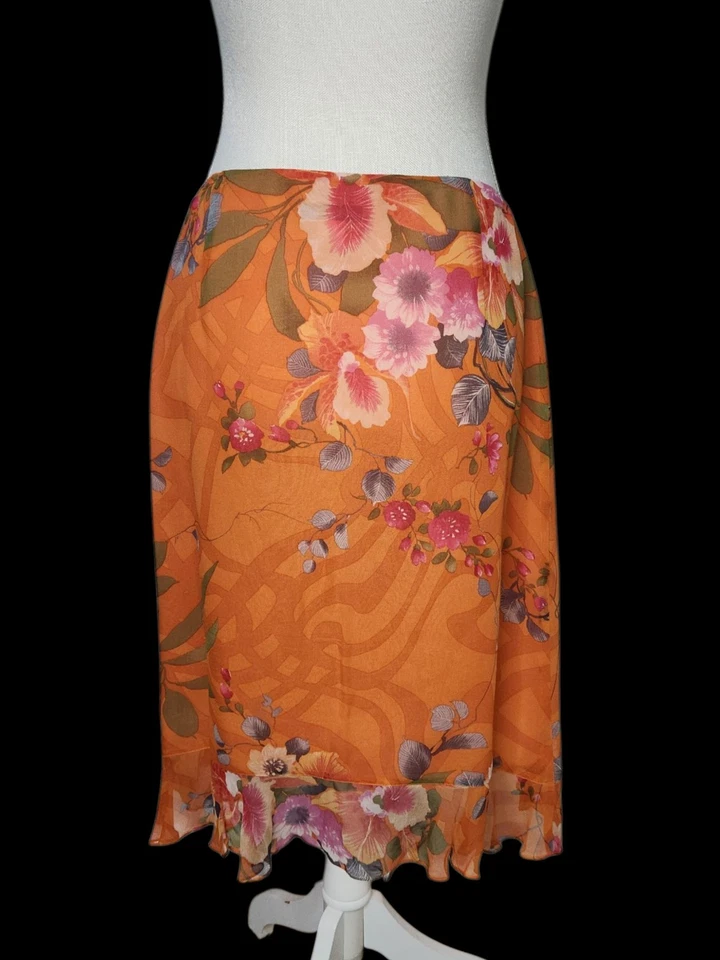 Falda Ligera Neiman Marcus Exclusiva Talla 10 Seda Floral Naranja En Niveles Foto 2 de 4