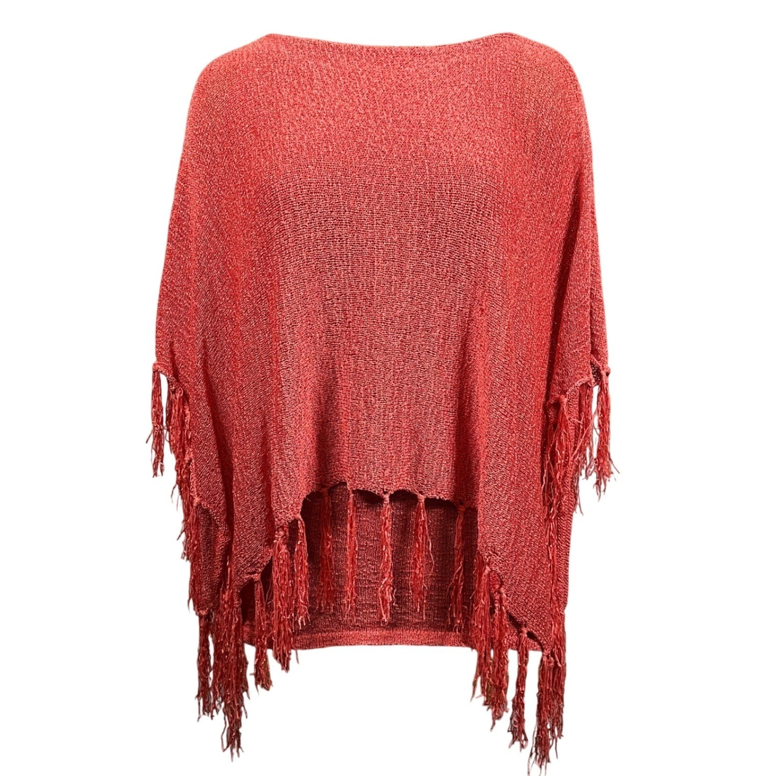 Coral Knit Fringe Poncho Sweater Top Orange Pink Boho Summer New Reba