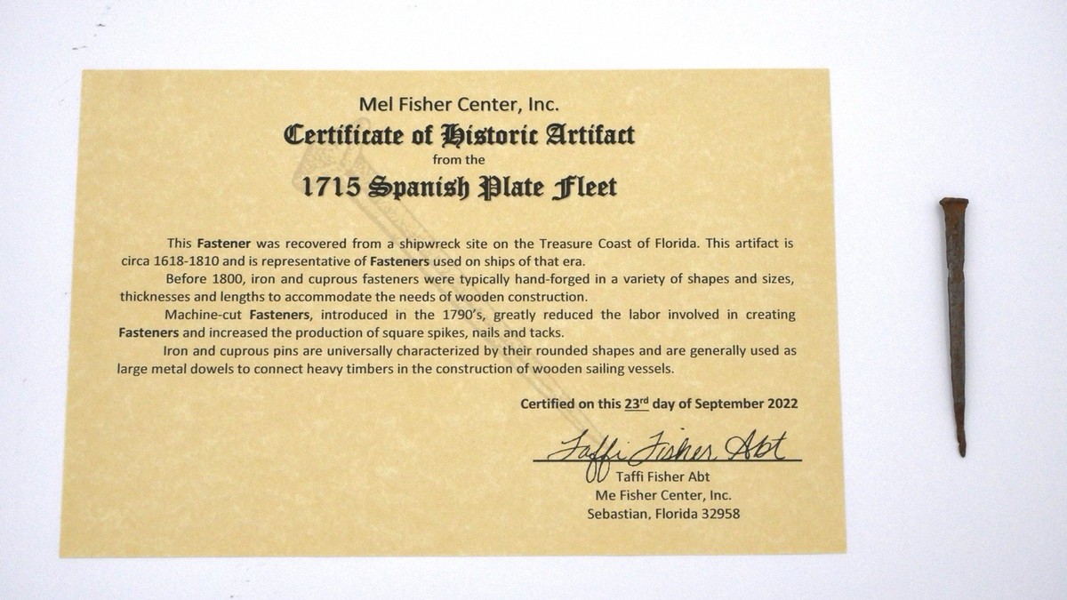 Authentic 1715 Fleet Shipwreck Iron Fastener/Nail W/ Mel Fisher