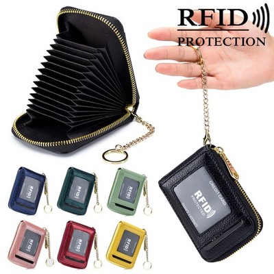 Women RFID Credit Card Holder Wallet with Keychain ID Window Small Zip Card Case