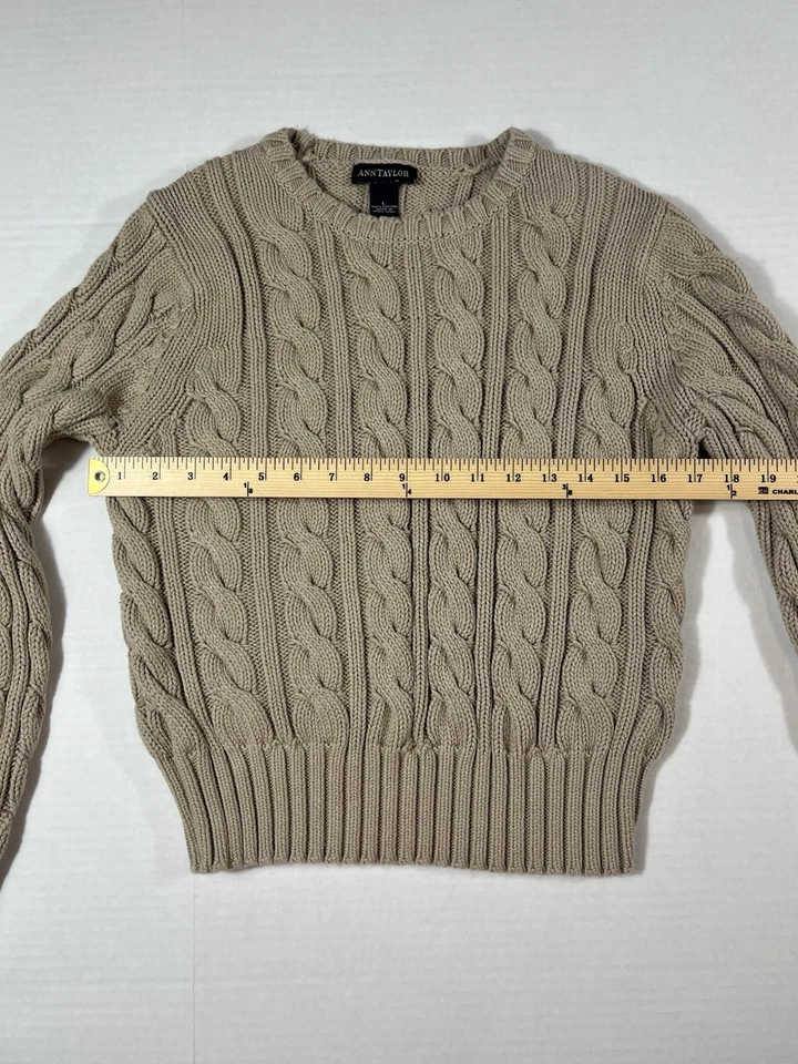Suéter para mujer Ann Taylor talla L beige tejido con cable cuello redondo 100 % algodón pescador Foto 4 de 4