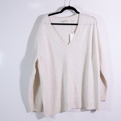 NEW Vince Women's 100% Cashmere Ribbed Trim Knit V Neck Pullover Sweater Gray 2X