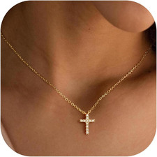 Easter Basket Stuffer Cross Necklace for Women Girls, Dainty 14K Gold Plated Cro