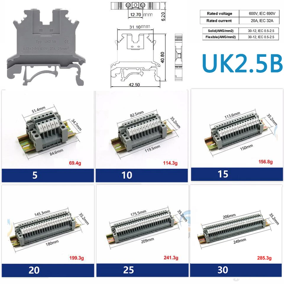 Waterproof Wiring Junction Box 158*90*60mm & UK2.5B Din Rail Terminal Blocks Kit - Image 2 of 4