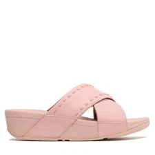 FitFlop Lulu GB2-A35 Cross Sandals Women's Pink Salt Leather Rubber-Stud Slip-on