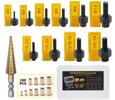 HIFESON Rivet Nut Tool Kit, Hand Riveter with Metric/SAE, Drill Bit & 100 Nuts