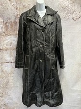 Vintage Black Leather Lined Trench Coat Large White Thread Sears Shop Bbb - W3