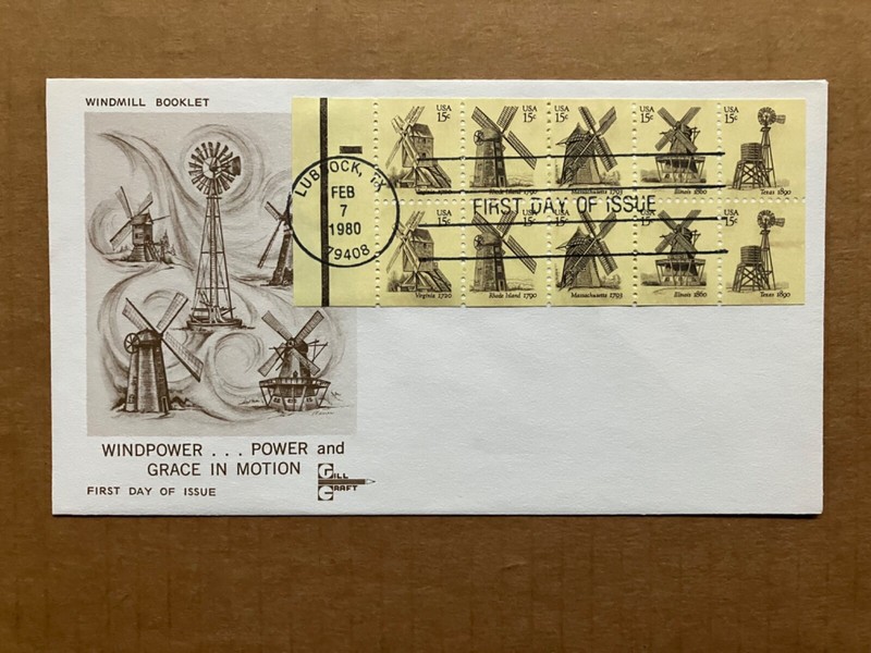 1980 15c USA Windmills, booklet pane 1738-42 Gill Craft First Day Cover