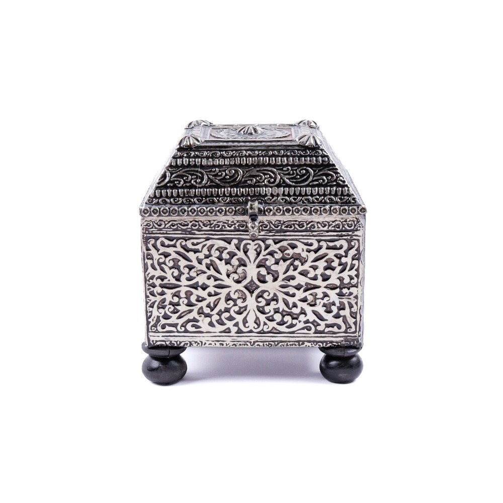 Handcrafted Silver Filigree Jewelry Box with Leather, Wood & Mirror-image