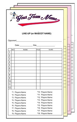 Baseball Softball LineUp Cards w/Team Roster (names) Customized - 4 part-30 Sets