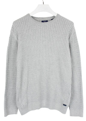 GANT Pullover Herren XL Lammwolle Blend Zopfmuster Pullover Grau