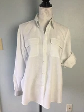 American Living White Linen Shirt Women’s  Large Button Up Long Sleeve Roll Tab