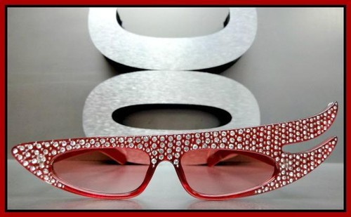 Unique Funky RETRO Style SUN GLASSES Red Frame Clear Bling Crystals Rhinestones - Picture 3 of 8