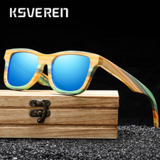 Polarized Square Colorful Wooden Frame Sunglasses Men Women Bamboo Wood Glasses