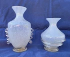 Pair Vintage Murano Style White Gold Fleck Art Glass Vases Clear Handles