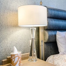 Image of Crystal Table Lamp with Hourglass Faceted Base, Ivory Silk Shade, Nickel Finish