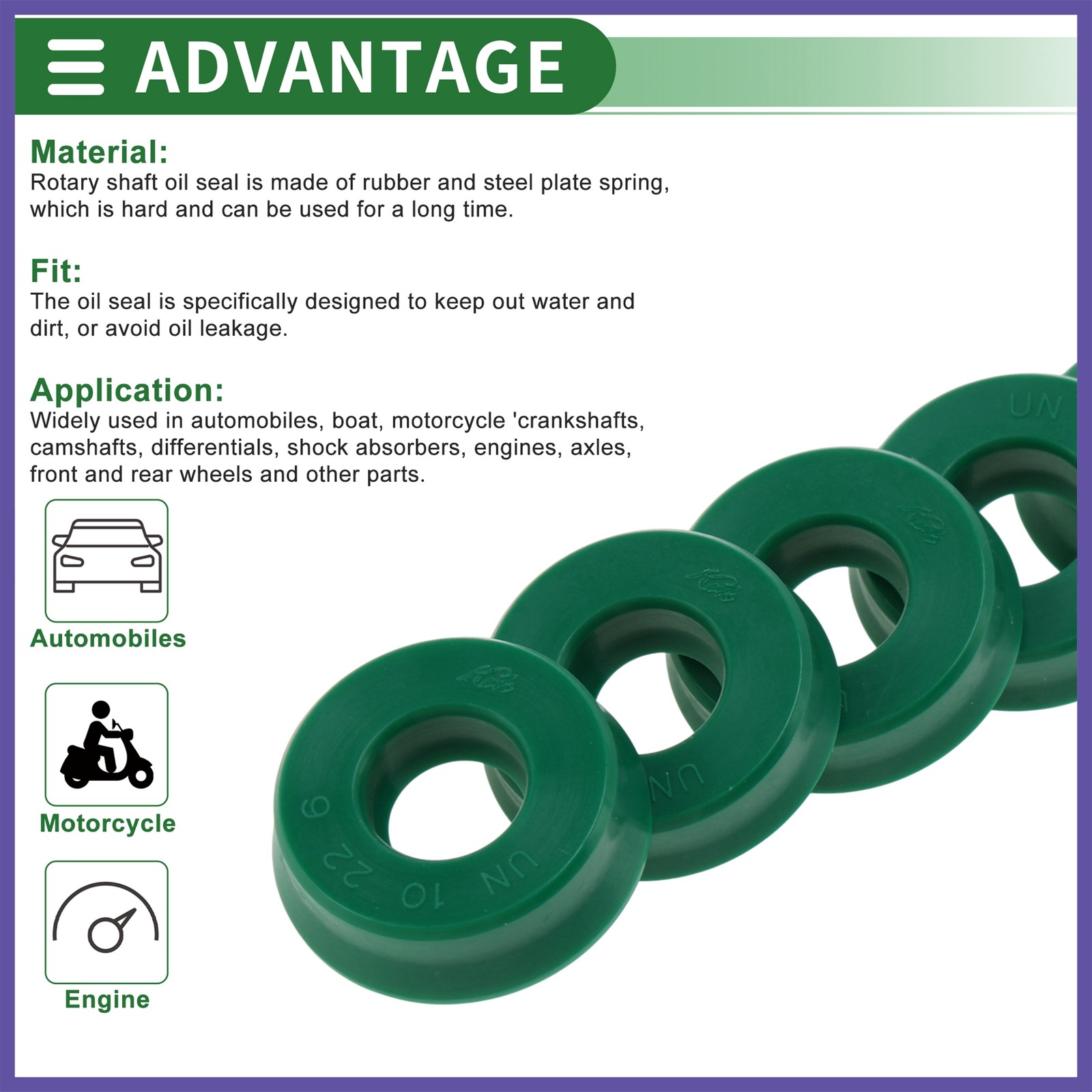 Oil Seal Seal Ring Rotary Shaft Seal TPU 10x22x6mm High Pressure Green 5Pcs