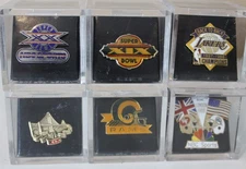 NFL XIX Press Pin Low #275 + 5 Other Vintage 1980's Super Bowl, NFL, Lakers Pin