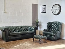 Rare 1960s Pegasus Green Leather Chesterfield Suite – Sofa, chair & Footstool