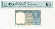 Government of Hong Kong India 1 Rupee 1940 George VI PMG 66EPQ
