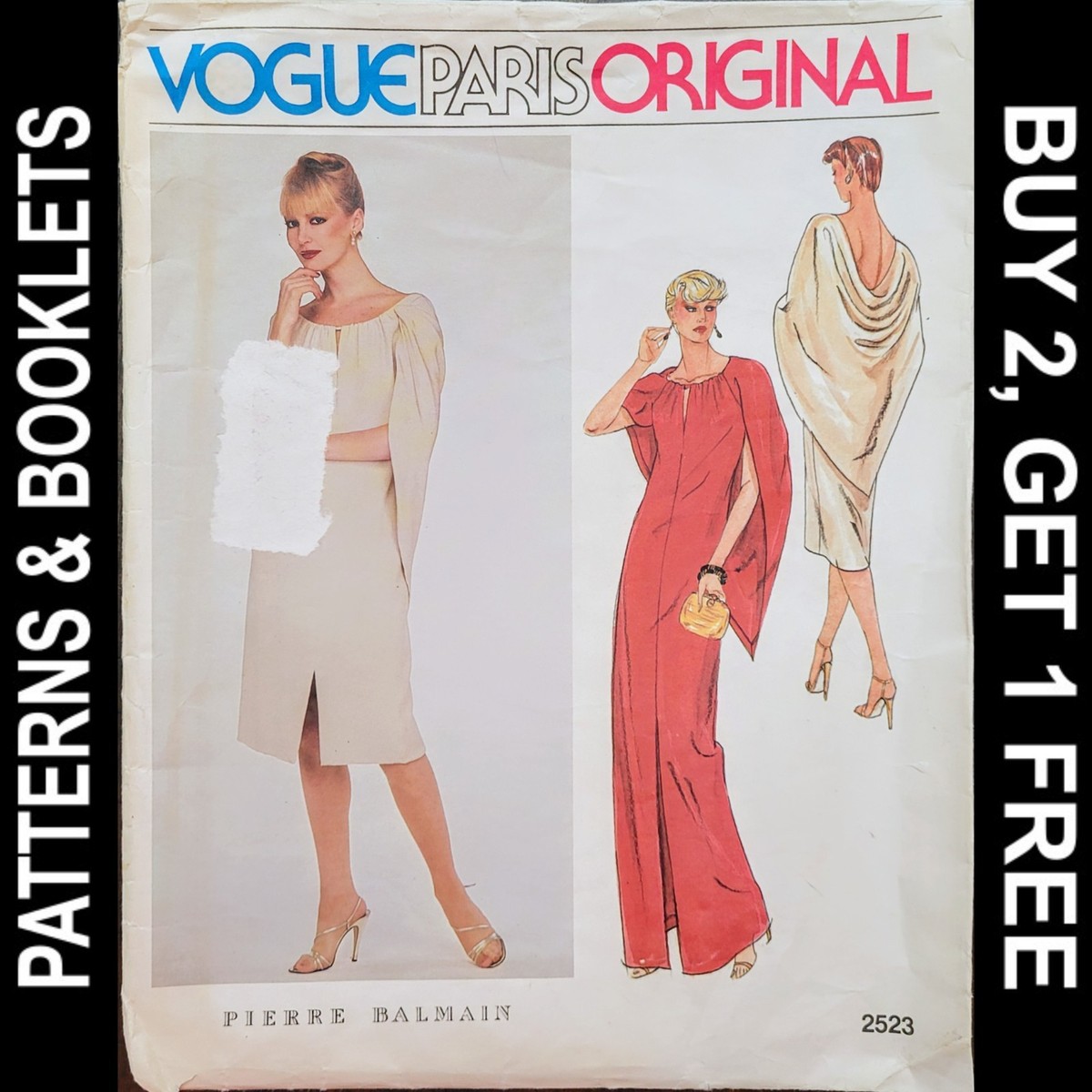 Vtg Pierre Balmain Vogue Evening Dress w Draped Cape Pattern #2523 Size 16  CUT