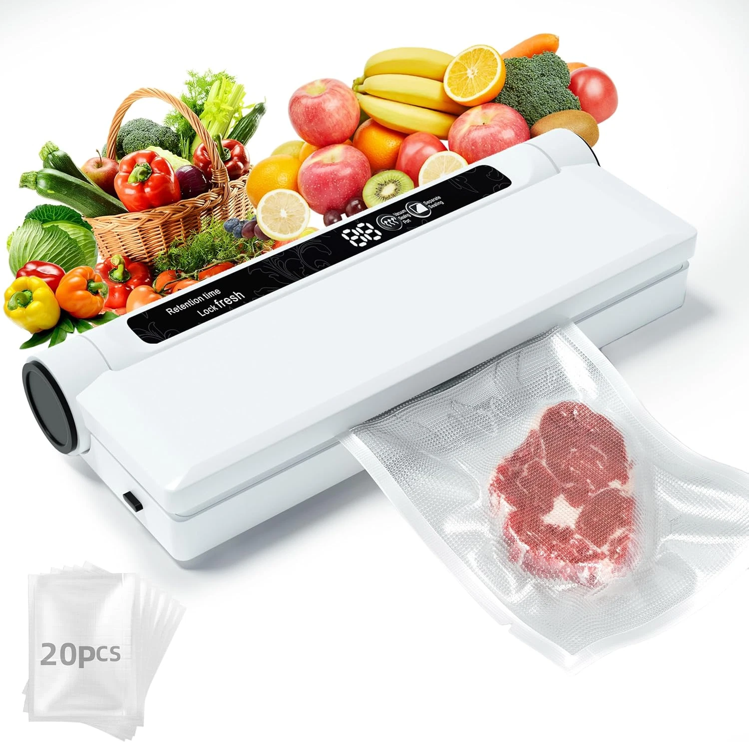 Food Vacuum Sealer Machine, 75KPA Strong Suction, Dry/Wet Modes, 20 Vacuum Seal