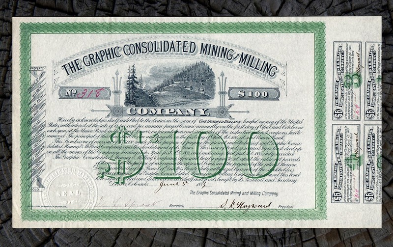 1883 SHEEP MOUNTAN Graphic Cons Mining & Milling Co $100 Bond COLORADO Summit Co