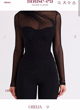 House of CB Orelia Black Draped Sheer Bodysuit Size S Wireless One Piece