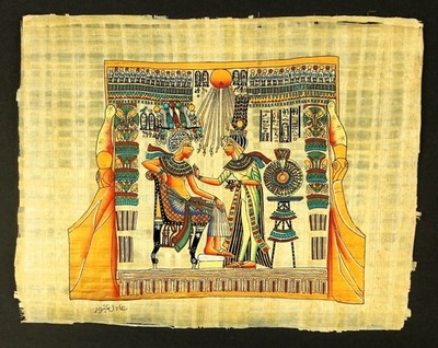 King Tut & Wife in Gold Shrine- Authentic Egyptian Papyrus Hand-Painted & Signed