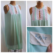 vtg 70s KAYSER Retro Green Nylon Sheer Short Nightgown Lace Cottagecore USA M