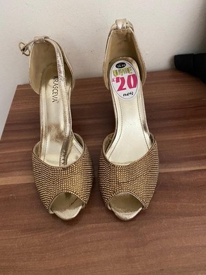Damen Peeptoes Sandalen Highheels Vorne Offen Riemchen Gold Glitzer 39 Party